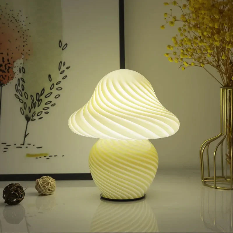 Perfecsy Mushroom LED table lamp with vintage striped glass, medieval-style design, ideal for bedside or bedroom ambient lighting.