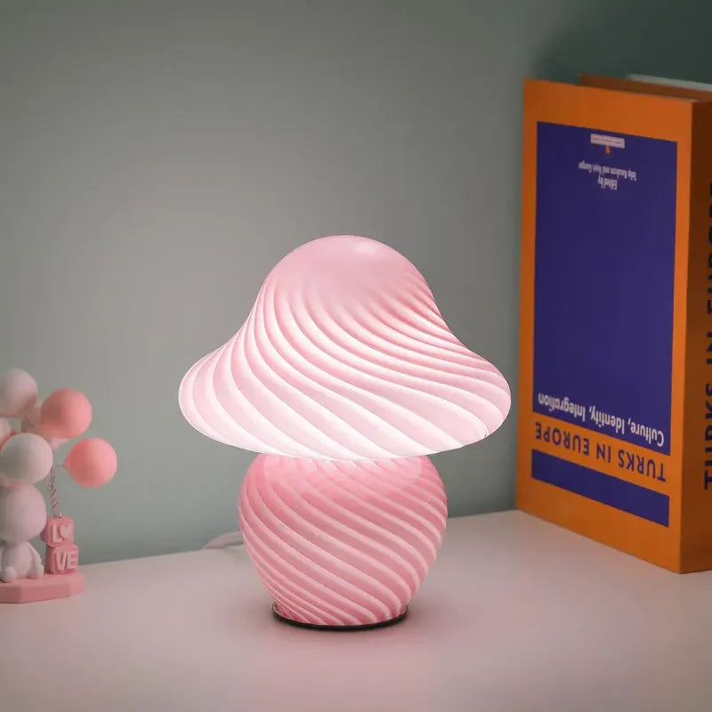 Perfecsy Mushroom LED table lamp with vintage striped glass design, ideal for bedside or bedroom ambiance lighting.
