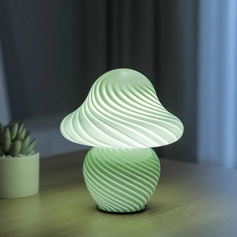 Vintage mushroom LED table lamp by Perfecsy with striped glass design, ideal for bedside or bedroom ambiance lighting.