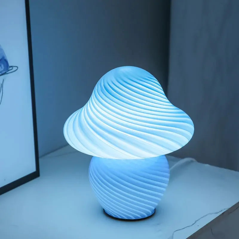 Perfecsy Mushroom LED table lamp with vintage striped glass design, ideal for bedside or bedroom decor, creating a cozy atmosphere.