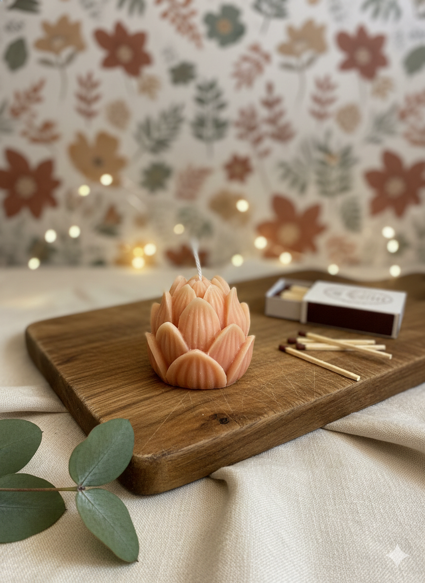 Handmade mini lotus candle with tulip flower design by Crazy About Candles, showcasing a floral candle in a decorative container.