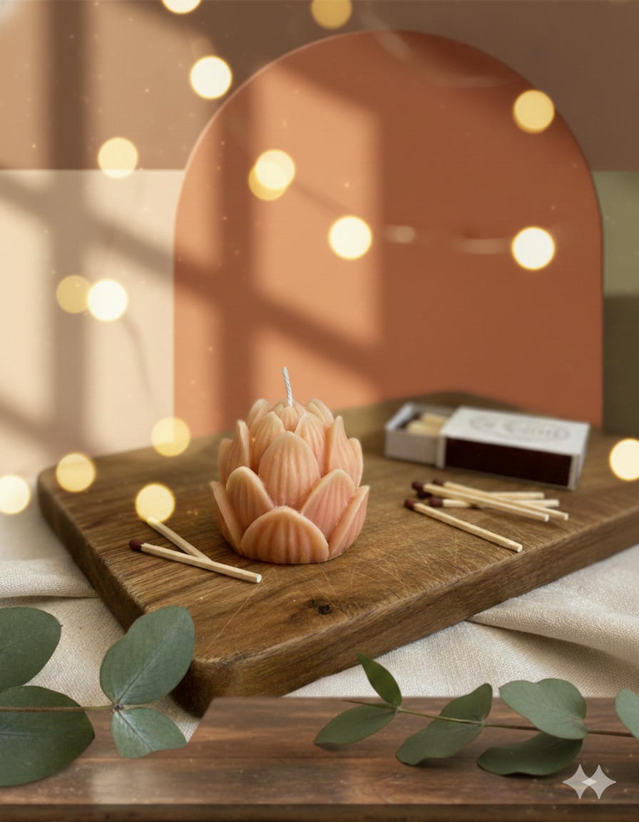 Handmade mini lotus candle with tulip floral design by Crazy About Candles, showcasing intricate floral details and soft candlelight.