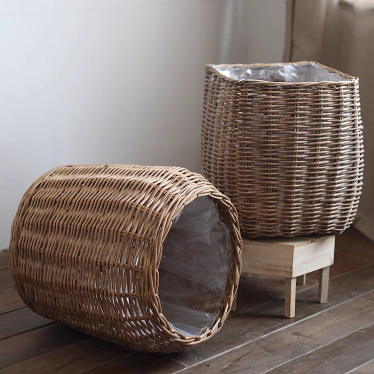 RusticReach natural wicker floor planter basket with liner, woven decorative basket for indoor or outdoor plant display.