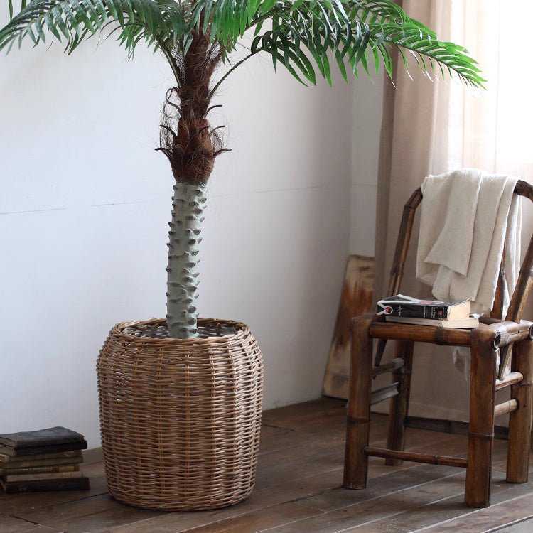 RusticReach natural wicker floor planter basket with liner, perfect for indoor or outdoor plant display.