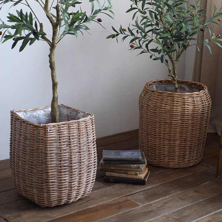 Natural wicker floor planter basket with liner from RusticReach, ideal for indoor or outdoor plant display.