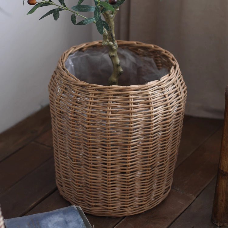 Natural wicker floor planter basket with liner from RusticReach, showing a woven wicker design suitable for indoor or outdoor use.