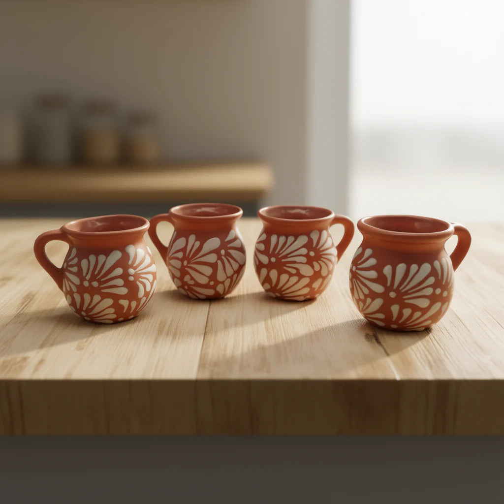 Handmade Mexican clay Jarrito Talavera mug with brown pottery finish, featuring traditional handcrafted design.