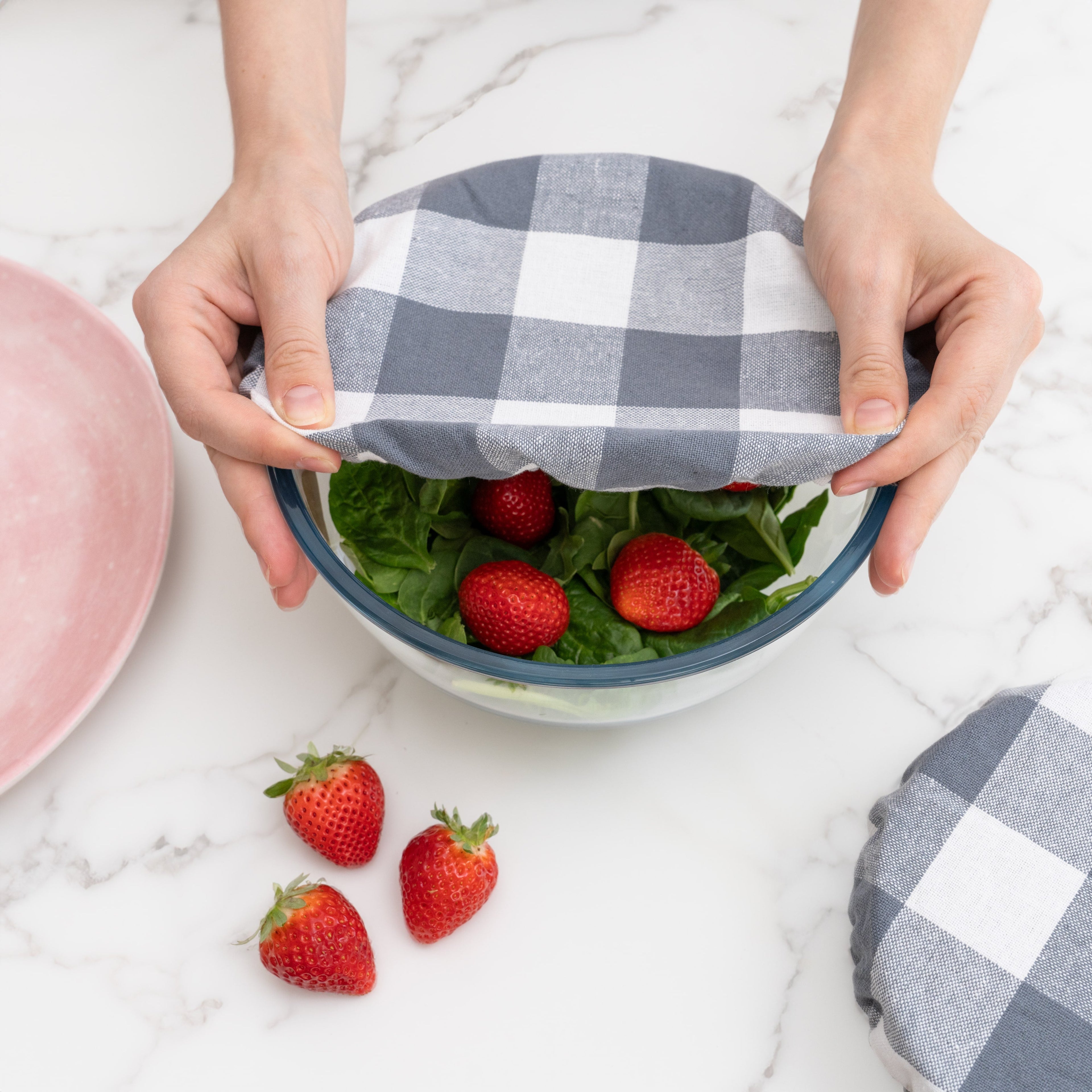 Set of organic cotton cloth bowl covers with berry print, reusable and eco-friendly for keeping food fresh.