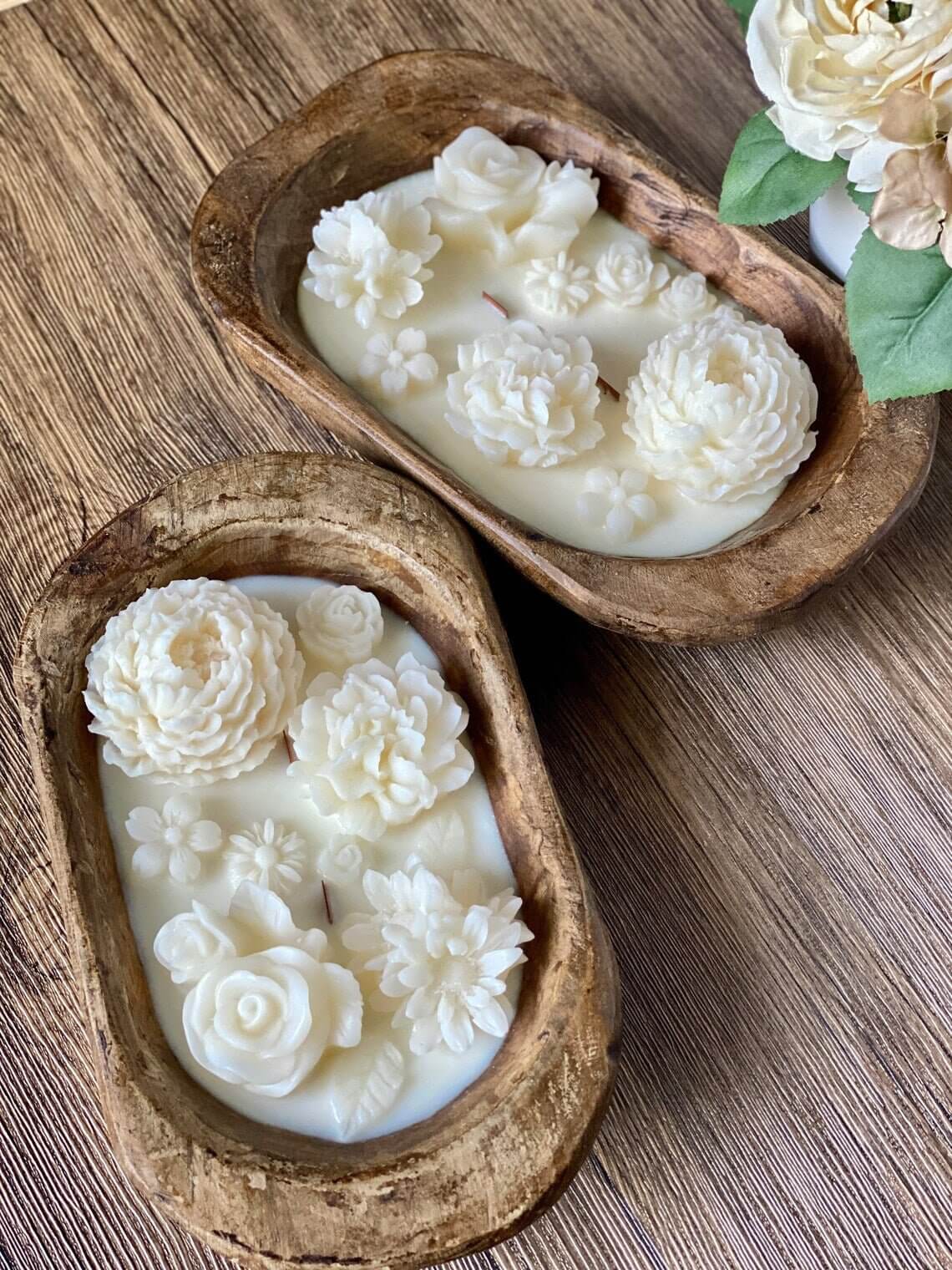 Botanical Garden Dough Bowl Candle by Crazy About Candles, scented candle in a rustic dough bowl with floral design.