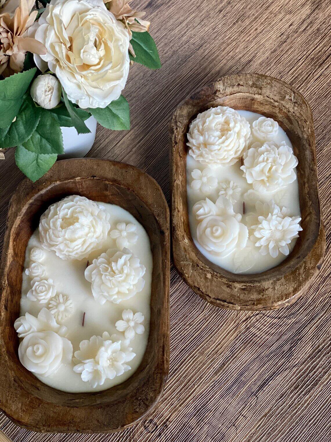 Botanical Garden scented dough bowl candle by Crazy About Candles, featuring a rustic ceramic holder with floral botanical designs.