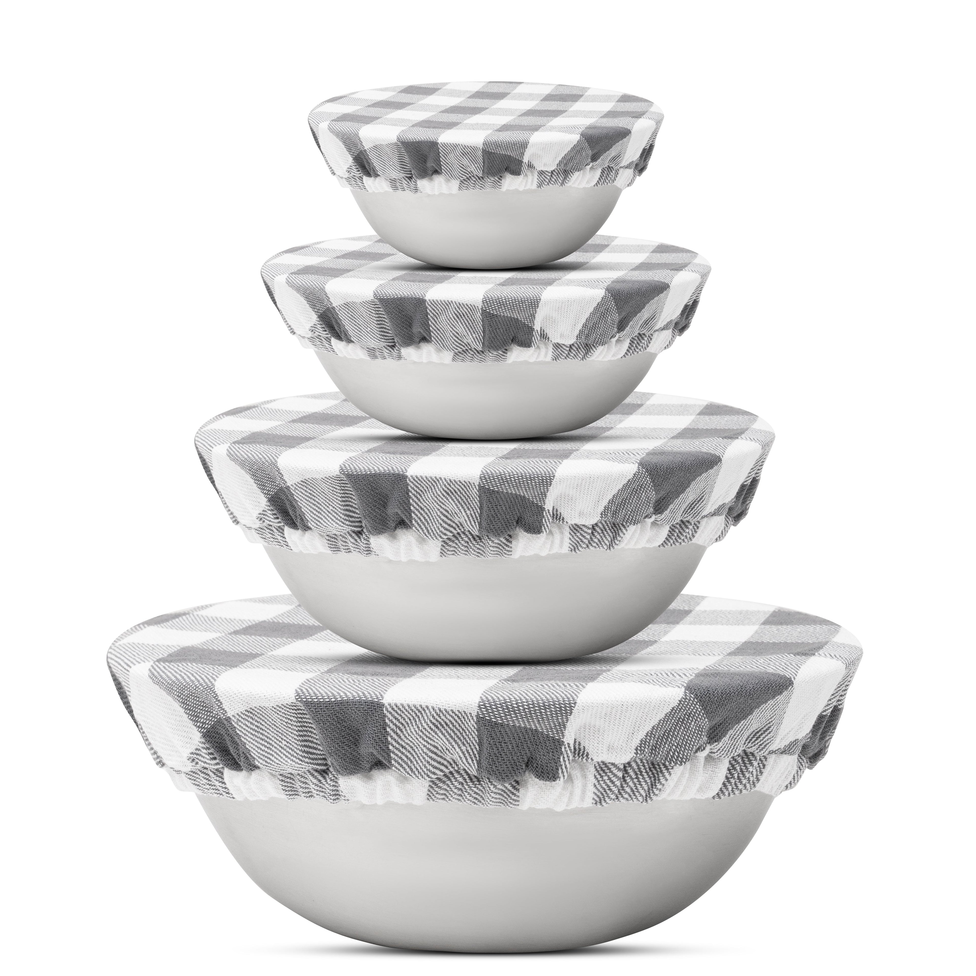 Gray cloth bowl covers by Organic Cotton Mart, reusable natural protection covers for bowls, made from organic cotton.