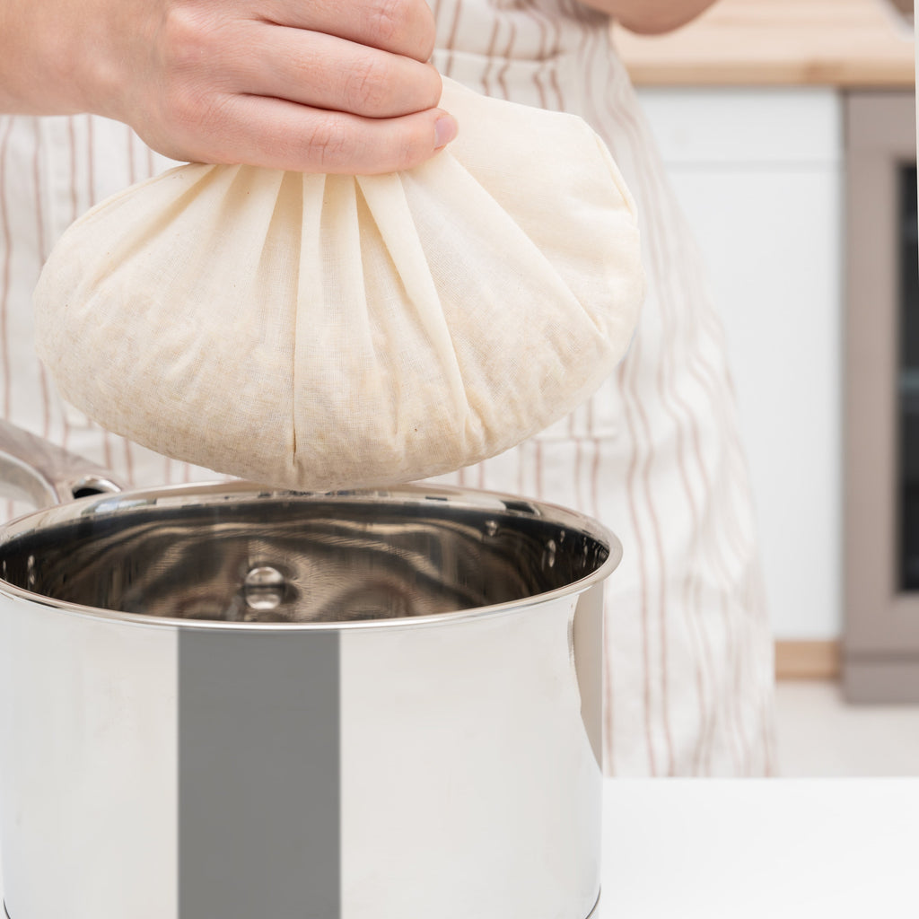 Organic Cotton Mart nut milk bags for straining and cheesecloth jelly making, made from durable cotton for easy nut milk extraction.