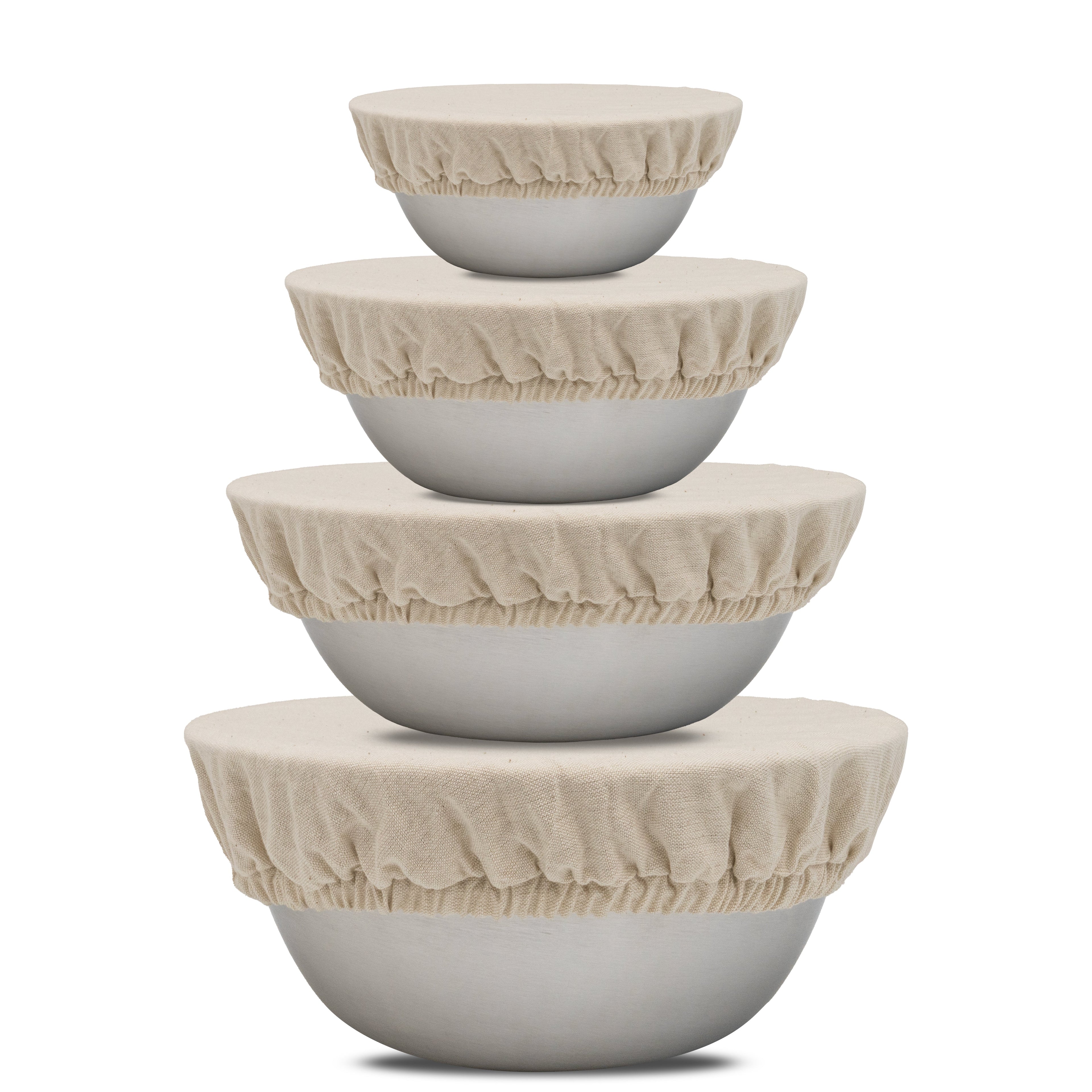 Off-white organic cotton cloth bowl covers with elastic edges for fresh food storage.