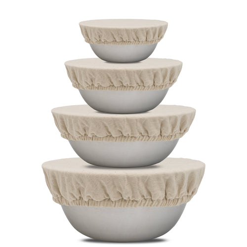 Off-white organic cotton cloth bowl covers with elastic edges for fresh food storage.