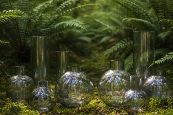 A set of clear glass vases and cylindrical glass vessels arranged on mossy forest floor surrounded by green ferns.