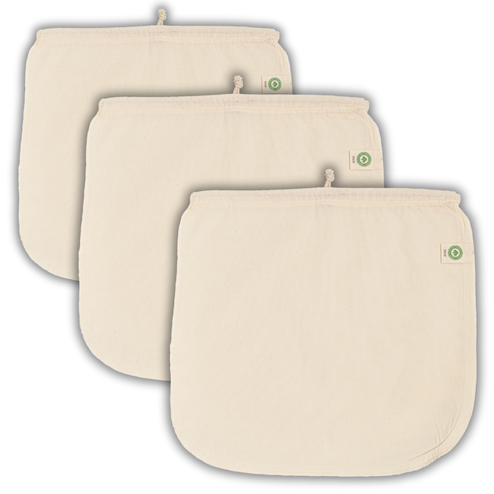 Organic Cotton Mart nut milk bags made of breathable cotton, designed for straining nut milks and DIY dairy alternatives.