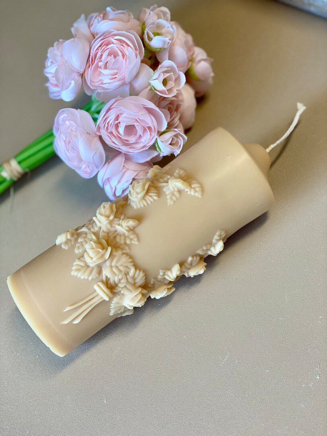 Handmade floral pillar candle by Crazy About Candles, sculptural soy wax with botanical design, perfect for decorative lighting.