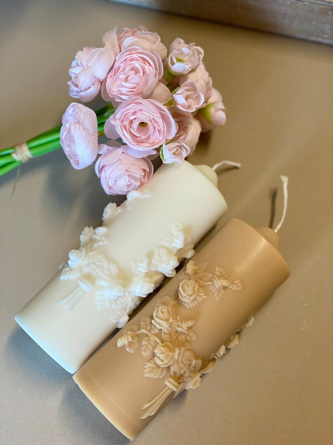 Handmade floral pillar candle by Crazy About Candles featuring sculptural soy wax with botanical design, perfect for home decor.