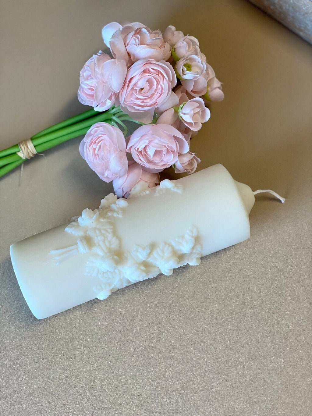 Handmade floral pillar candle by Crazy About Candles featuring sculptural soy wax with botanical design, scented and decorative.