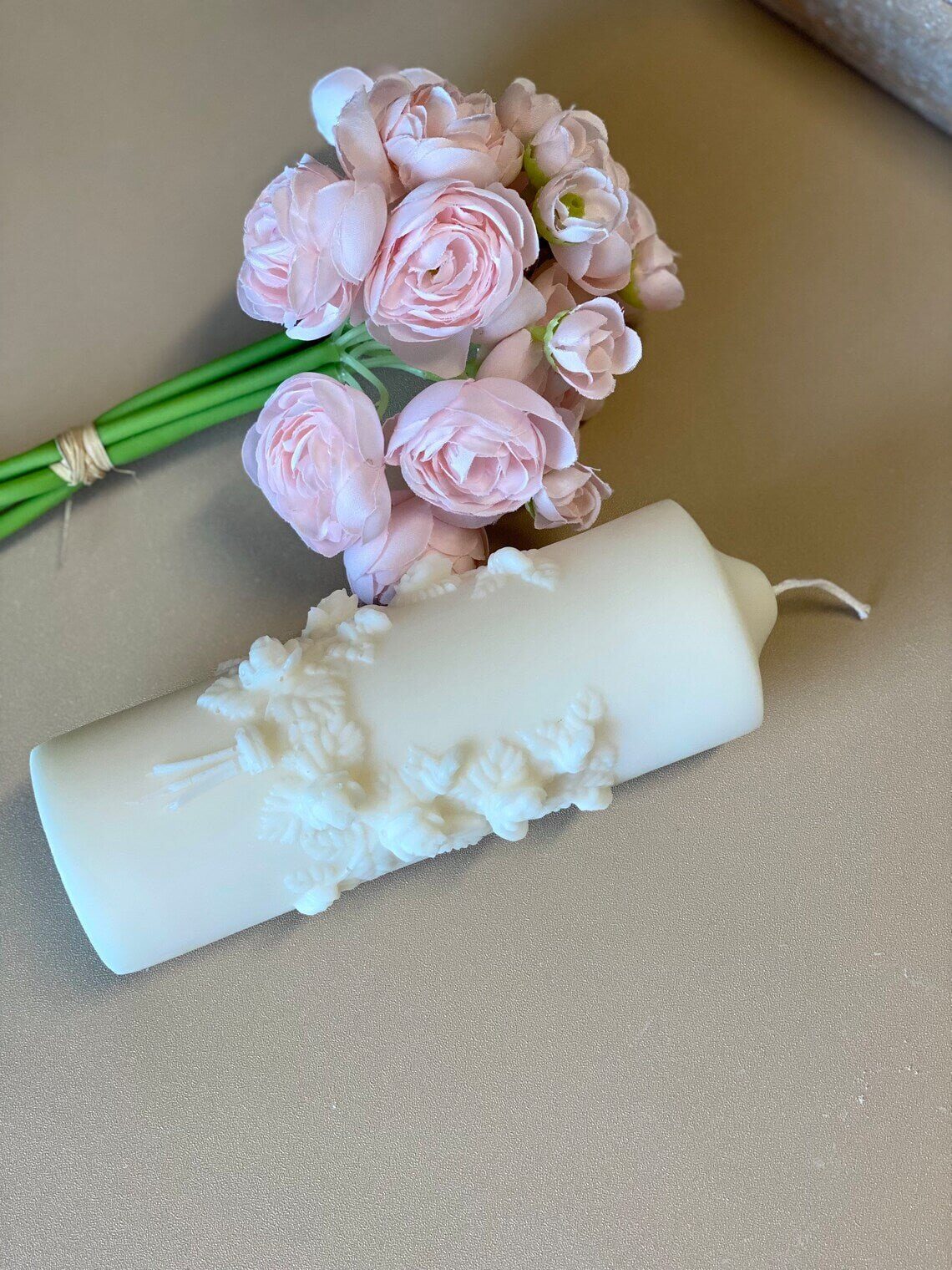 Handmade floral pillar candle by Crazy About Candles featuring sculptural soy wax with botanical design, scented and decorative.