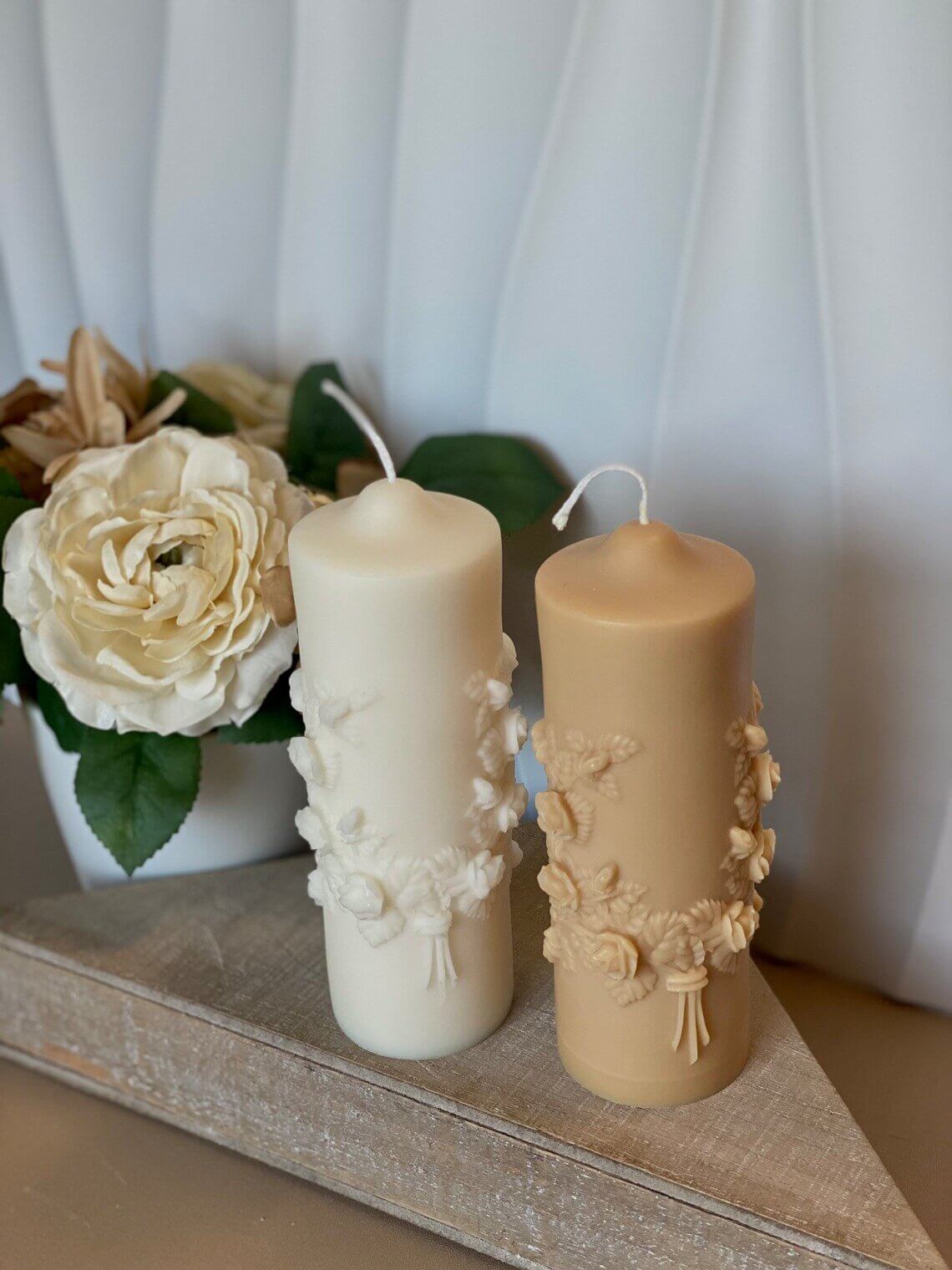 Handmade floral pillar candle made of soy wax with botanical design, crafted by Crazy About Candles.
