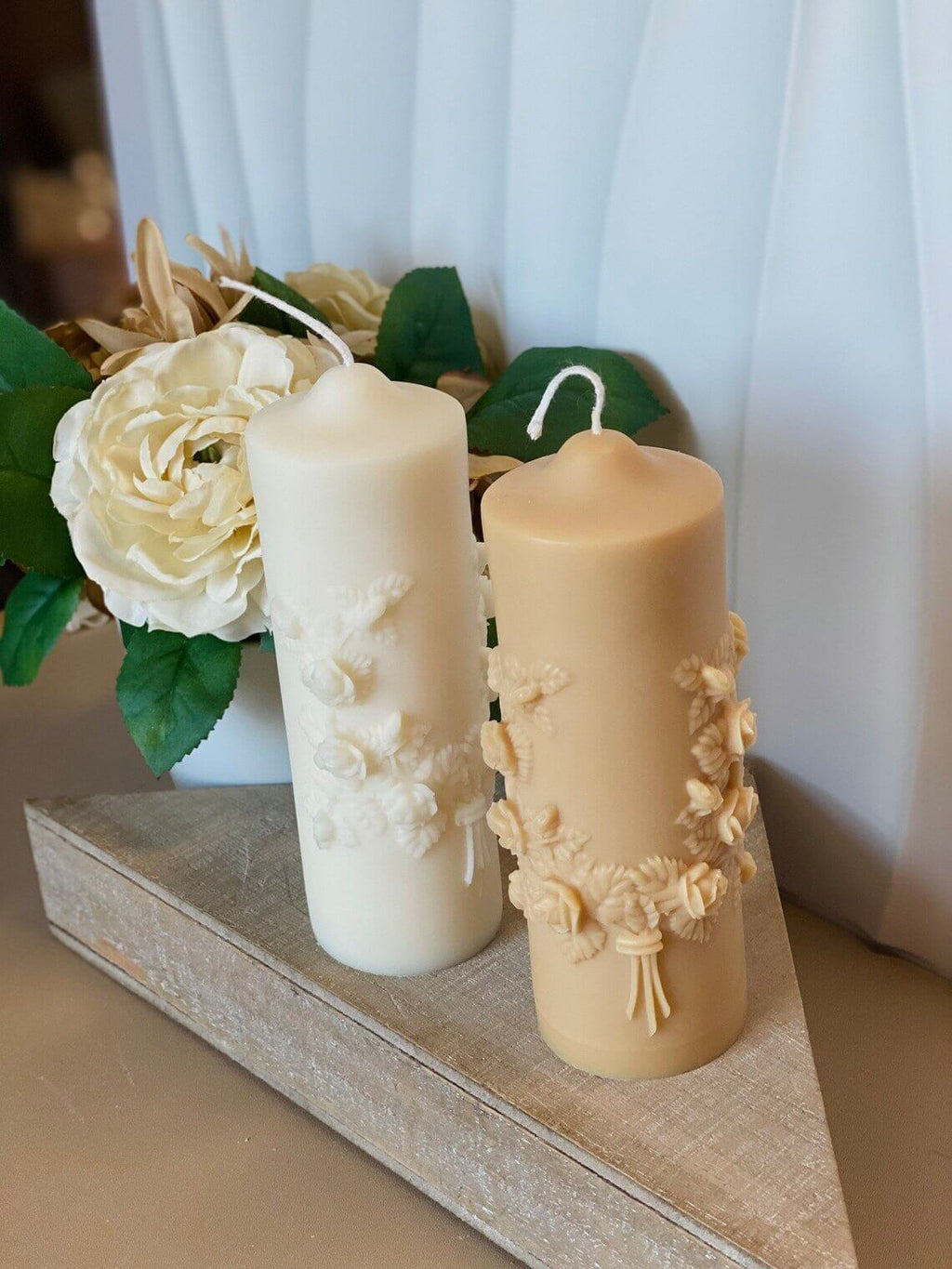 Handmade floral soy wax pillar candle with botanical design by Crazy About Candles, sculptural shape for decorative use.