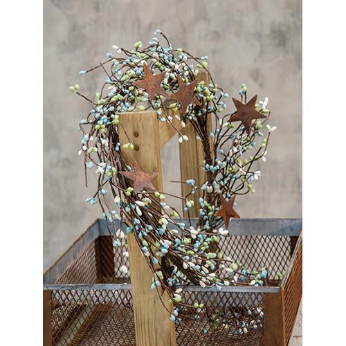 Home & Decor Pip Berry Garland with Stars, Seabreeze 40-inch decorative garland featuring blue berries and star accents.