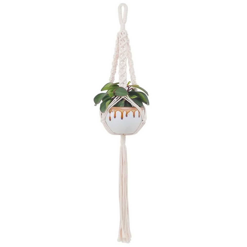Hand-woven macrame tapestry plant hanger holder for indoor decor, featuring intricate knot designs and natural cotton material.