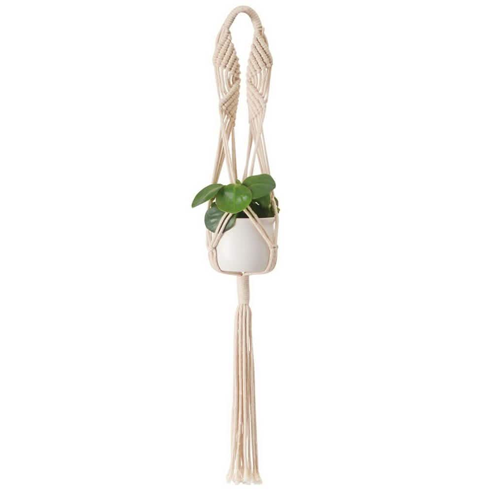 Hand-woven macrame tapestry plant hanger holder for indoor decor, featuring intricate knot work and natural cotton material.