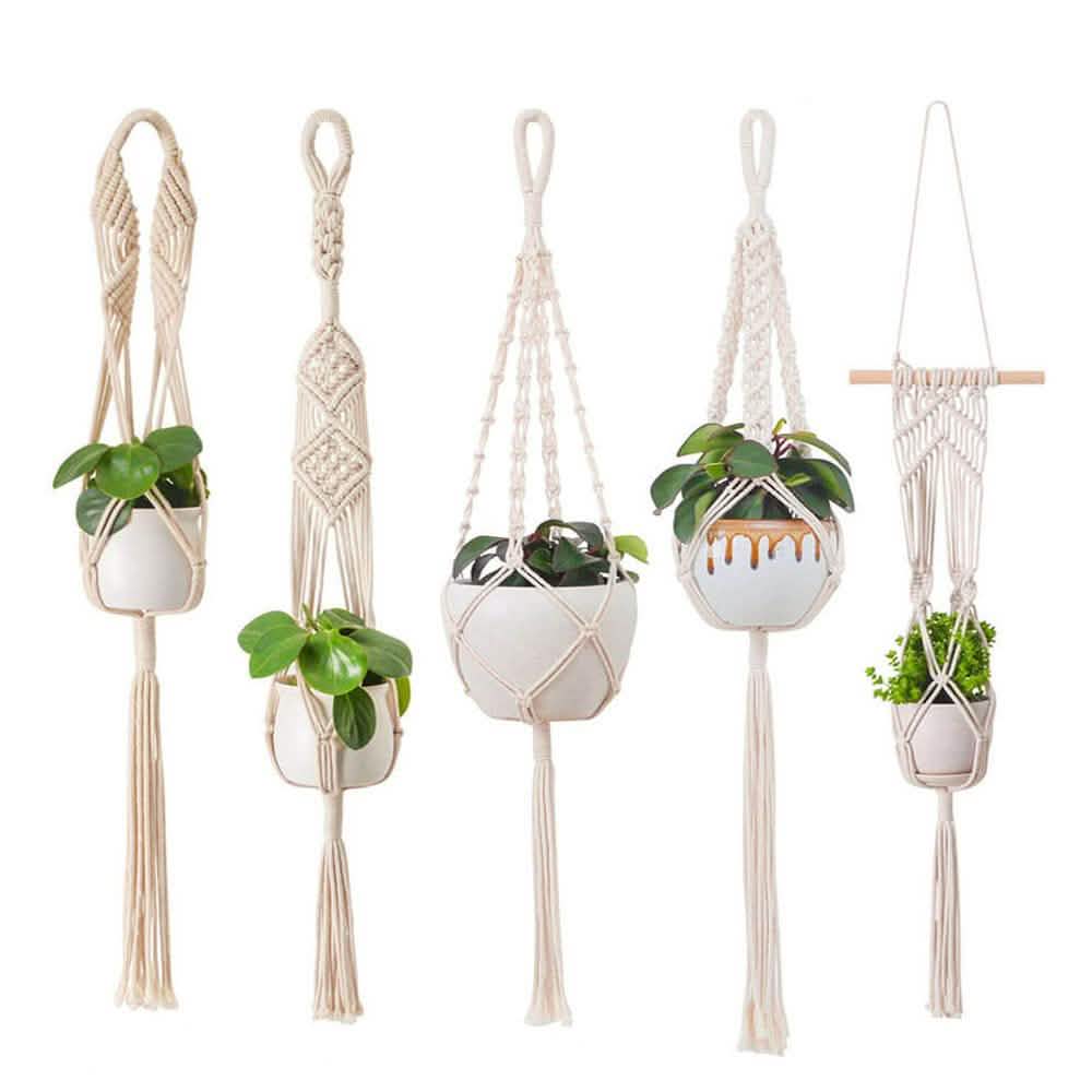Hand-woven macrame tapestry plant hanger holder, decorative furniture and decor piece with intricate knotting and natural fibers.