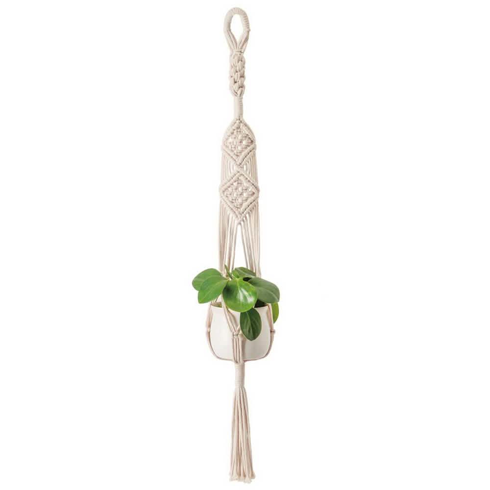 Hand-woven macrame tapestry plant hanger holder for indoor decor, featuring intricate knot details and natural cotton fibers.