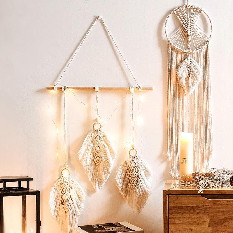 Stevvex leaf wall hanging dream catcher with LED light, ideal for home aesthetic decor, teen room, or dorm room decoration.