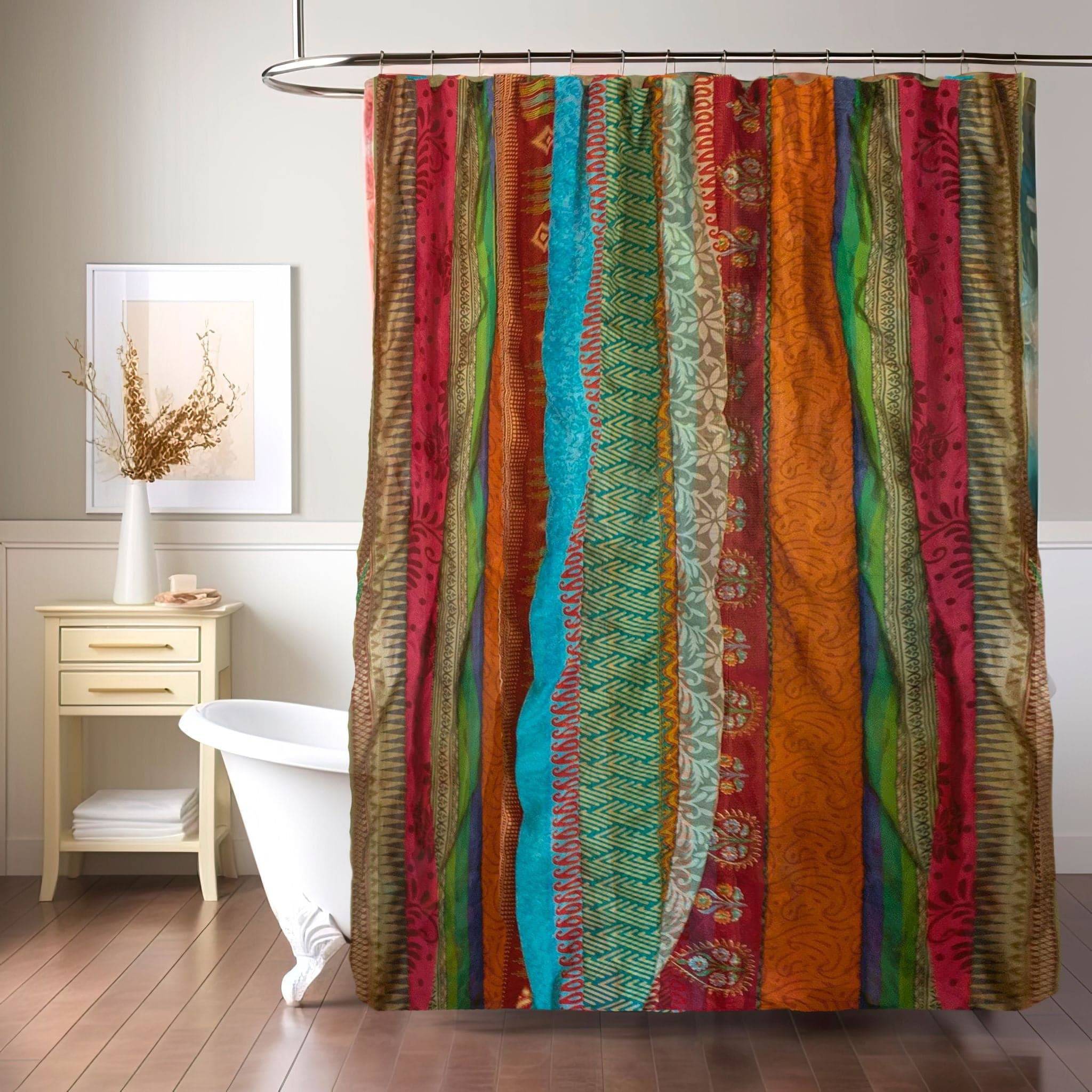Colorful Rainbow Oasis upcycled boho curtains from Darn Good Yarn, outdoor patio home decor with vibrant, artistic fabric design.