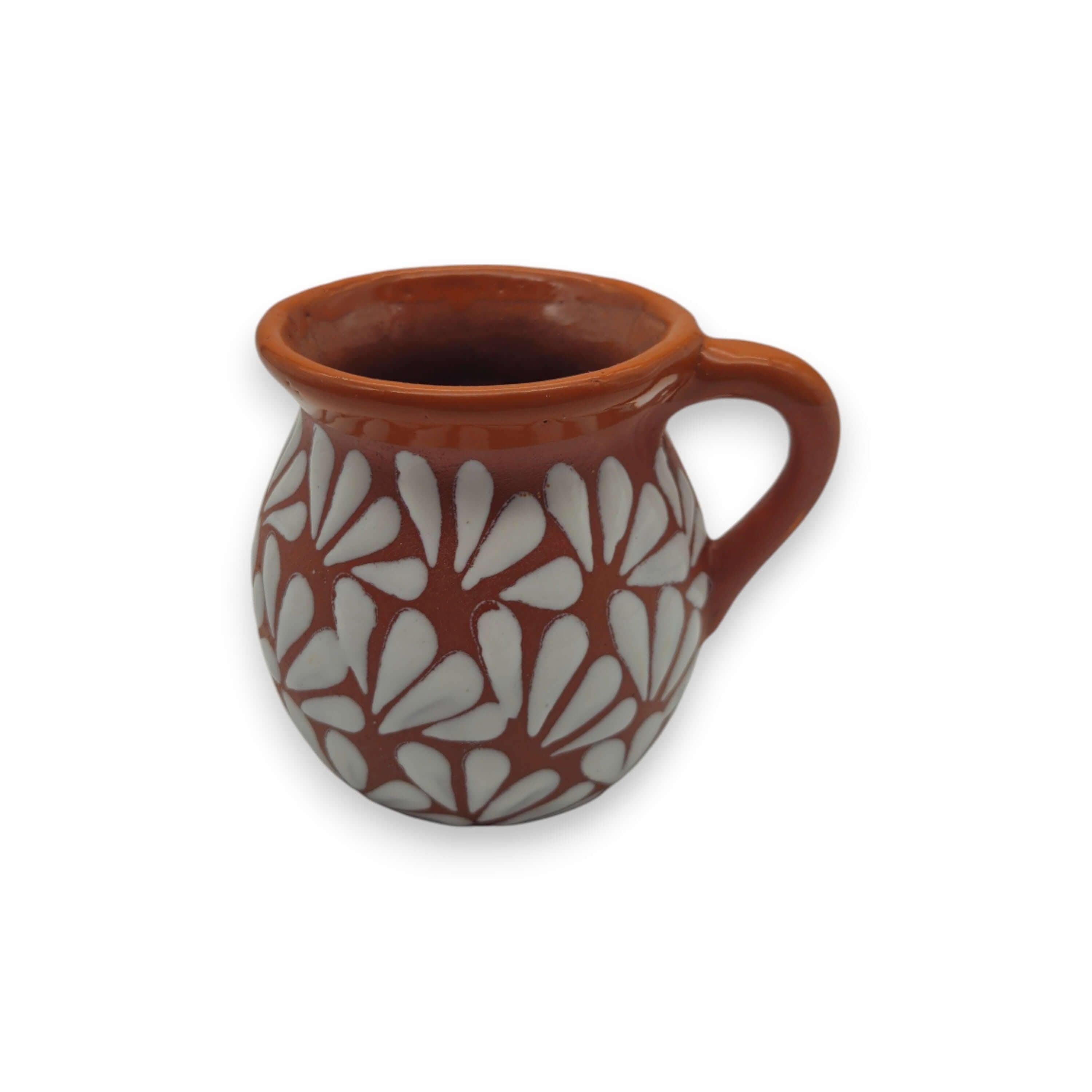 Handmade Mexican Clay Jarrito Talavera Mug with brown pottery finish and colorful traditional design.