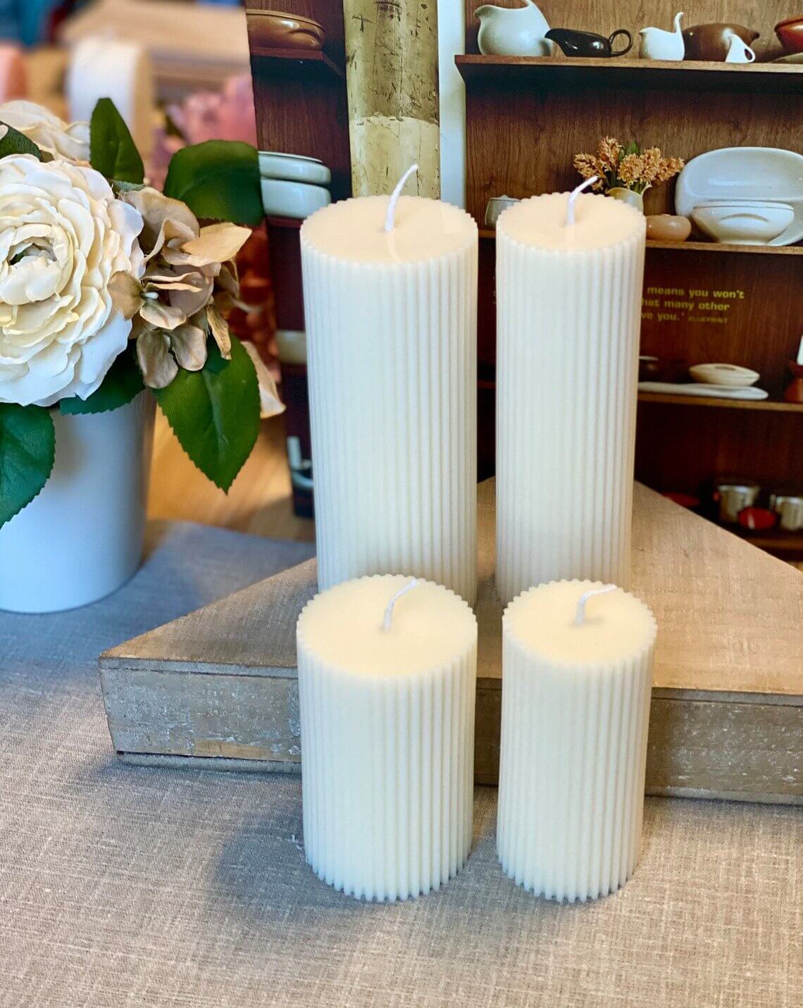 Set of three minimalist ribbed pillar candles by Crazy About Candles for stylish home decor.