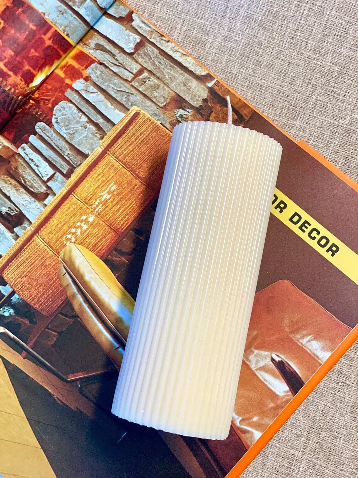 Minimalist ribbed pillar candle from Crazy About Candles, perfect for stylish home decor.