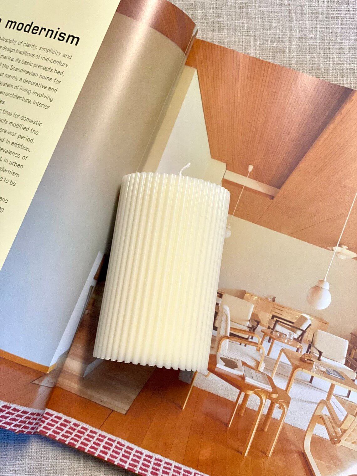 Minimalist ribbed pillar candle from Crazy About Candles, showcasing sleek, textured design for stylish home decor.
