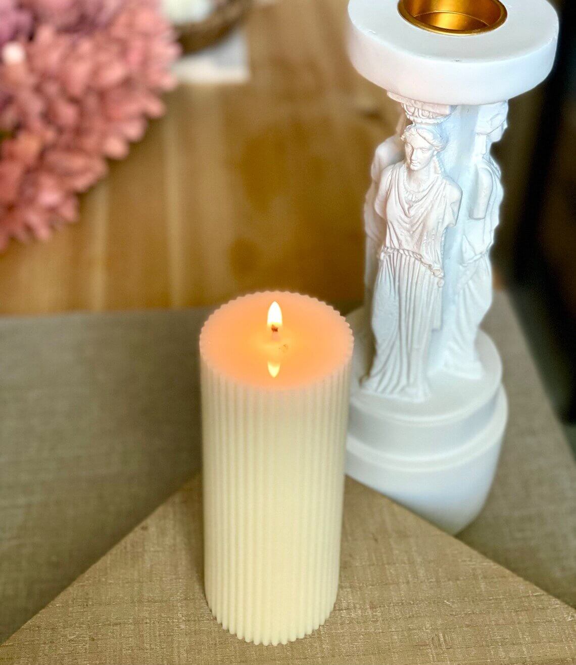 Set of minimalist ribbed pillar candles by Crazy About Candles, perfect for modern home decor and ambient lighting.
