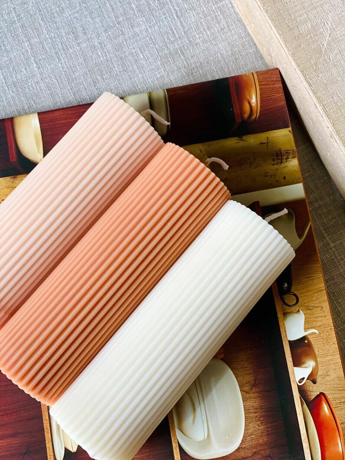Set of minimalist ribbed pillar candles by Crazy About Candles, perfect for stylish home decor.