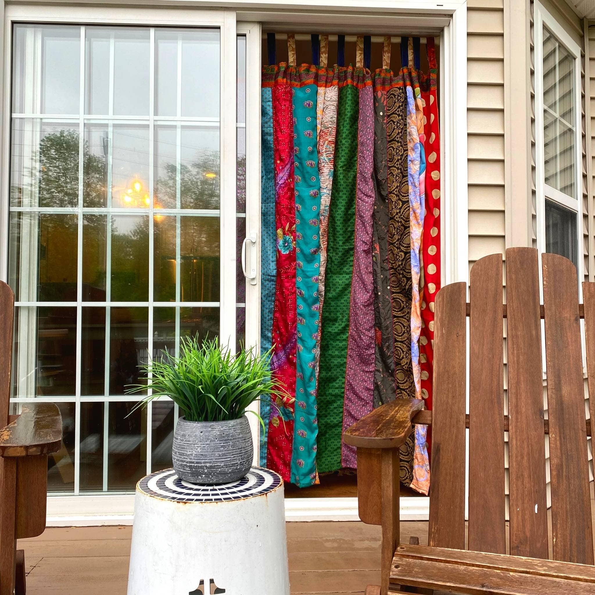 Rainbow Oasis upcycled sari curtains by Darn Good Yarn featuring colorful boho crochet and knit eco-friendly home decor.