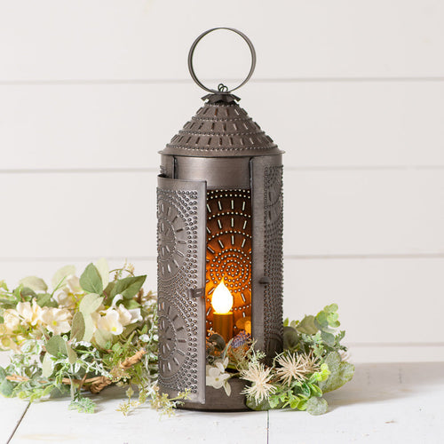 Rustic 18-inch chimney lantern in Kettle Black by Countryside Home Decor, suitable for table or wall use with punched tin design.
