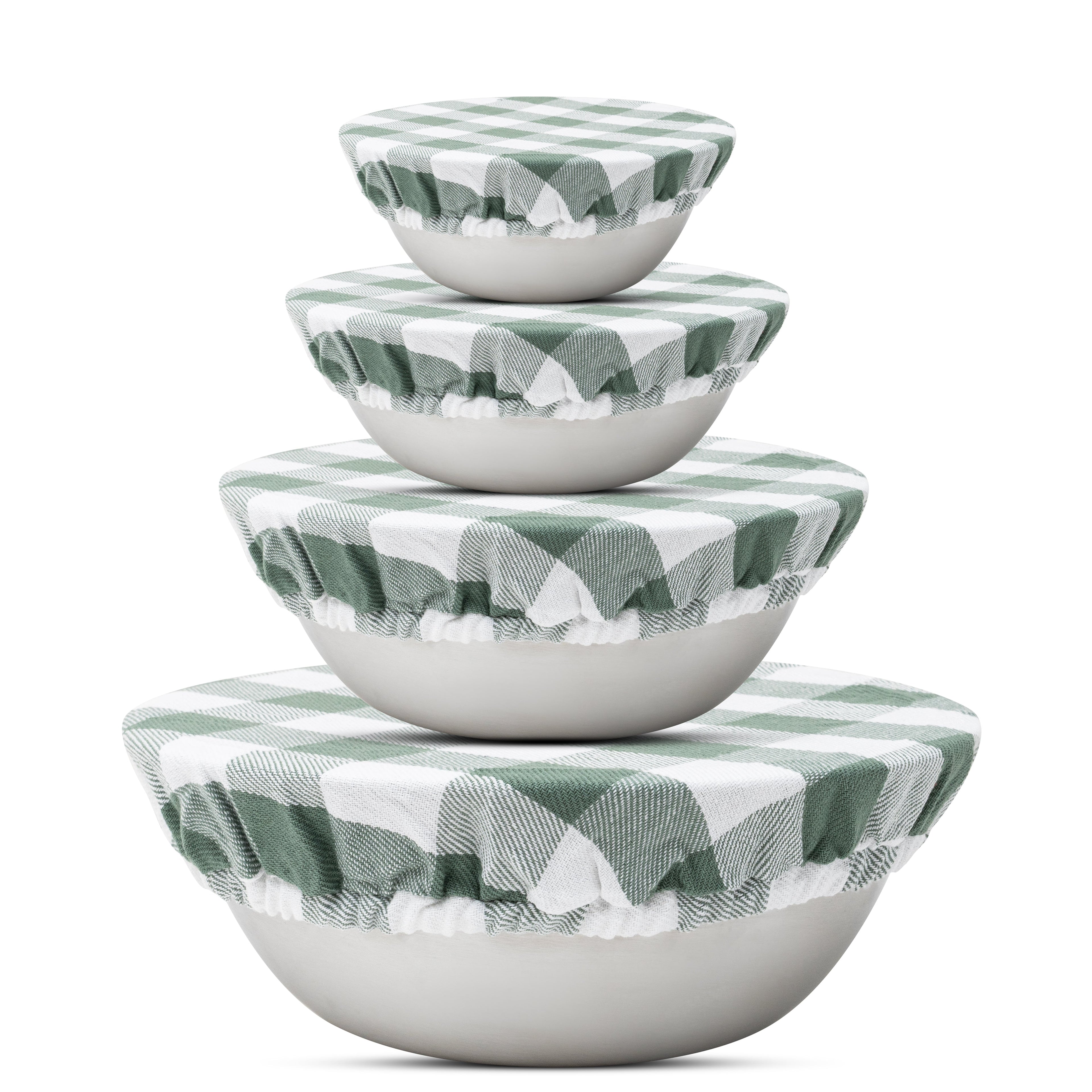 Sage green Organic Cotton Mart cloth bowl covers with elastic edges for reusable food storage.