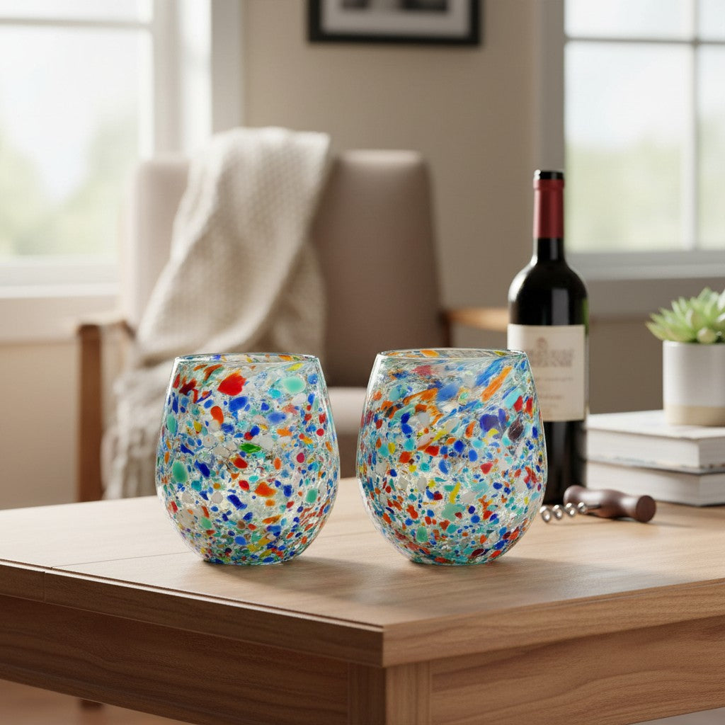 Handblown XL Mexican wine glass with confetti pebble pattern from The Talavera Hub, showcasing colorful, artistic glassware.