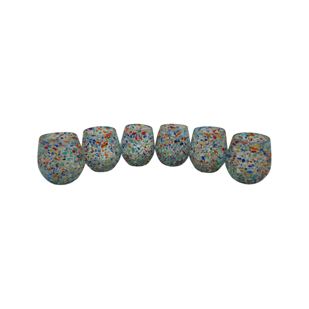 Handblown XL stemless Mexican wine glass with colorful confetti pebble pattern by The Talavera Hub.