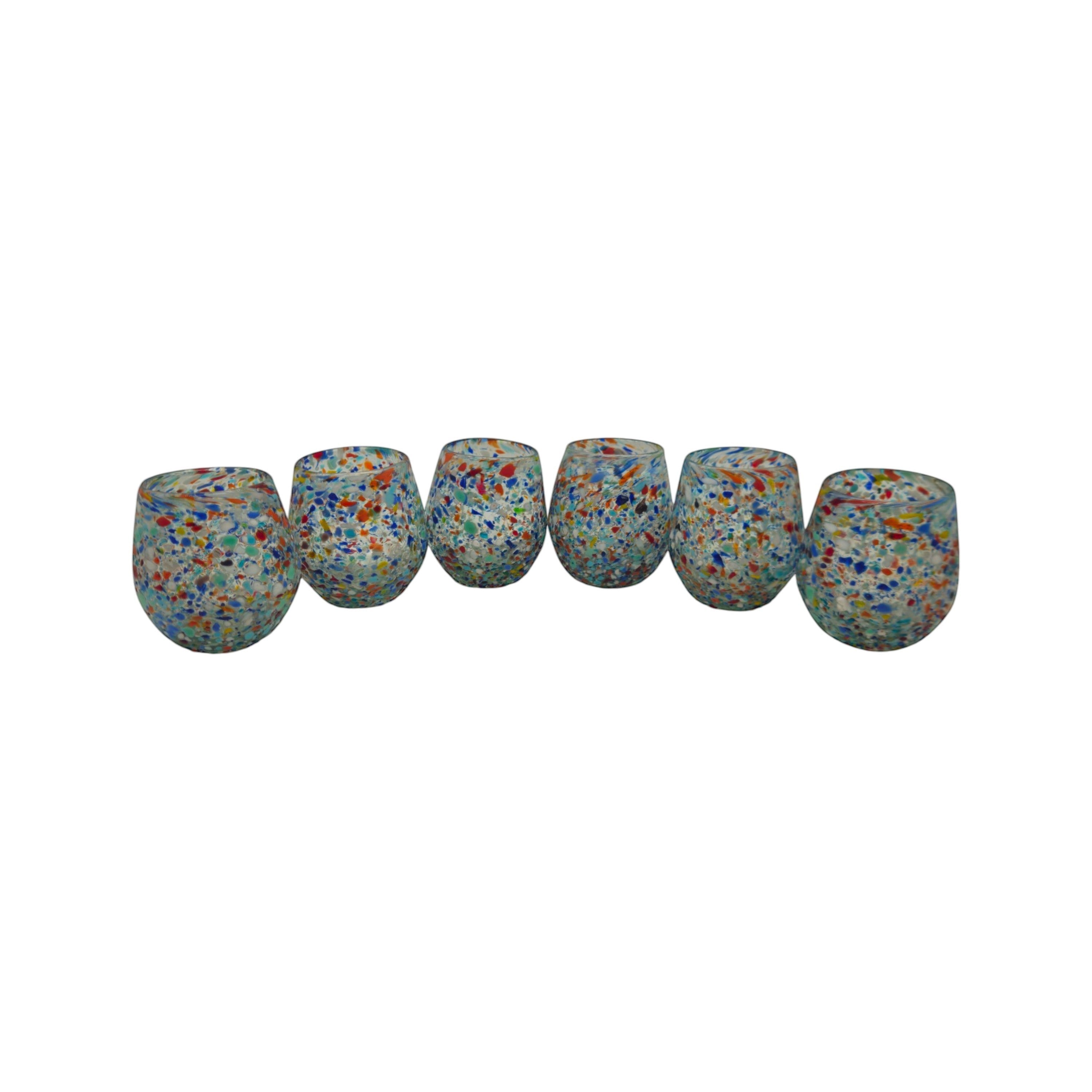 Handblown XL stemless Mexican wine glass with colorful confetti pebble pattern by The Talavera Hub.