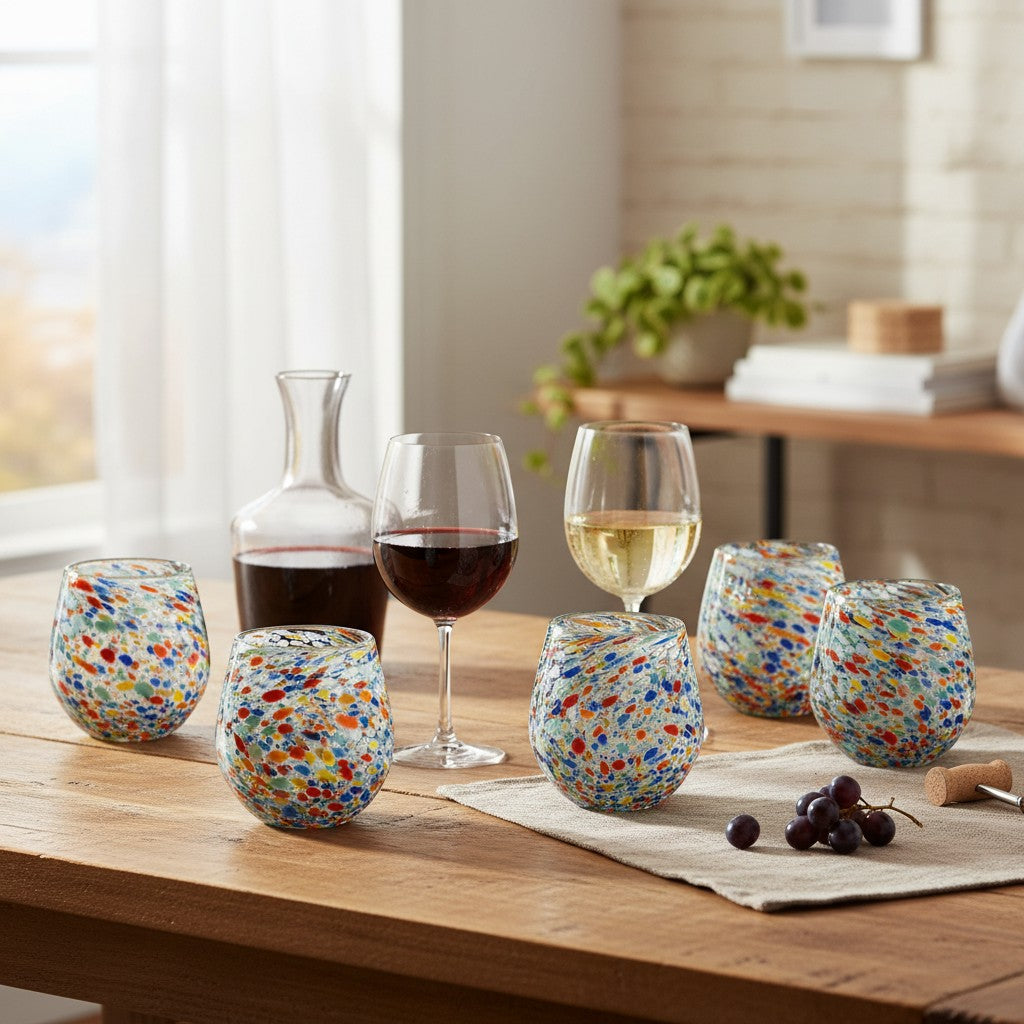 Handblown XL Mexican stemless wine glass with colorful confetti pebble pattern by The Talavera Hub.