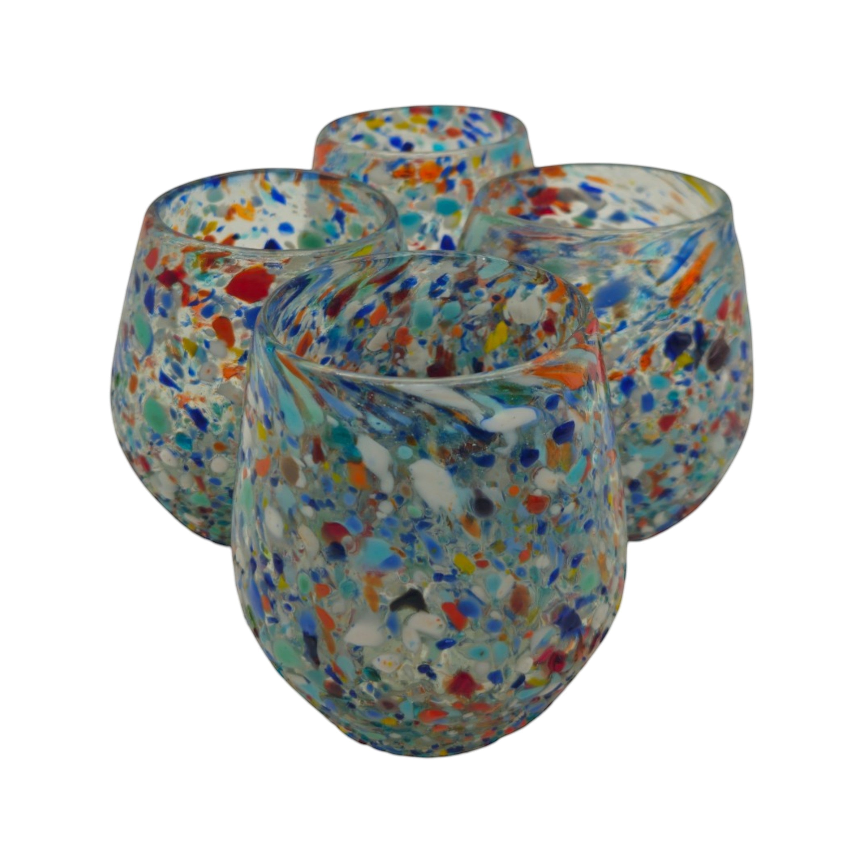 Handblown XL Mexican stemless wine glass with colorful confetti pebble pattern, showcasing vibrant, artistic glassware.