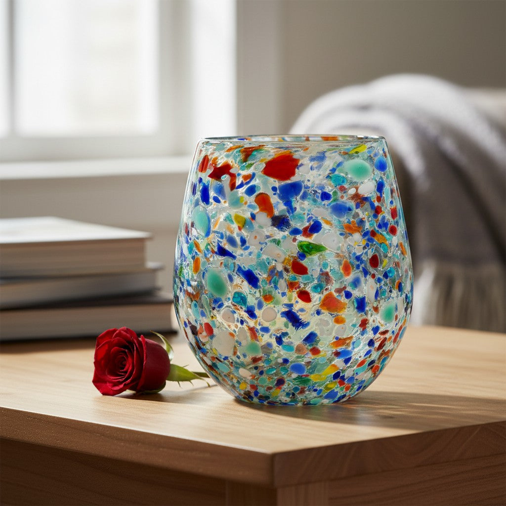 Handblown XL stemless wine glass with confetti pebble pattern, Mexican-style wine glass from The Talavera Hub.