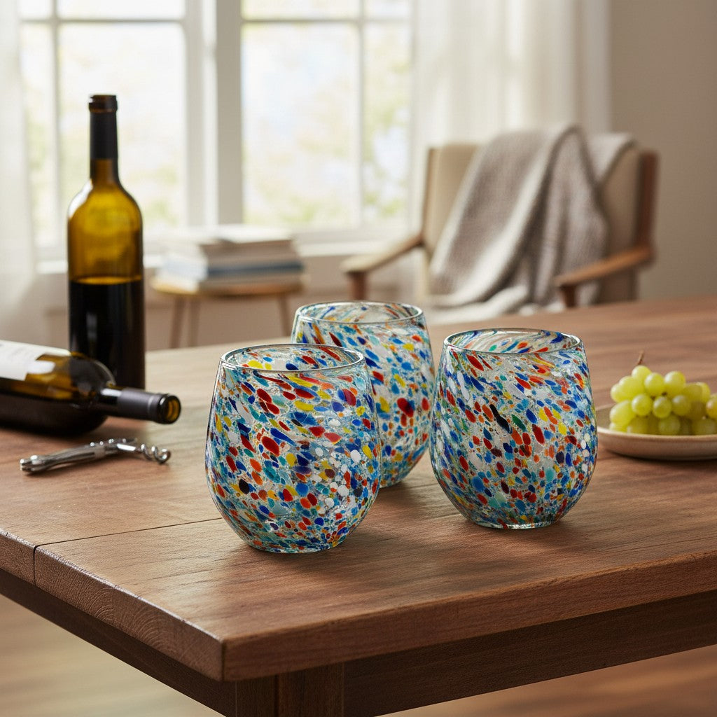 Handblown XL stemless wine glass by The Talavera Hub with colorful confetti pebble pattern, perfect for Mexican wine drinking.