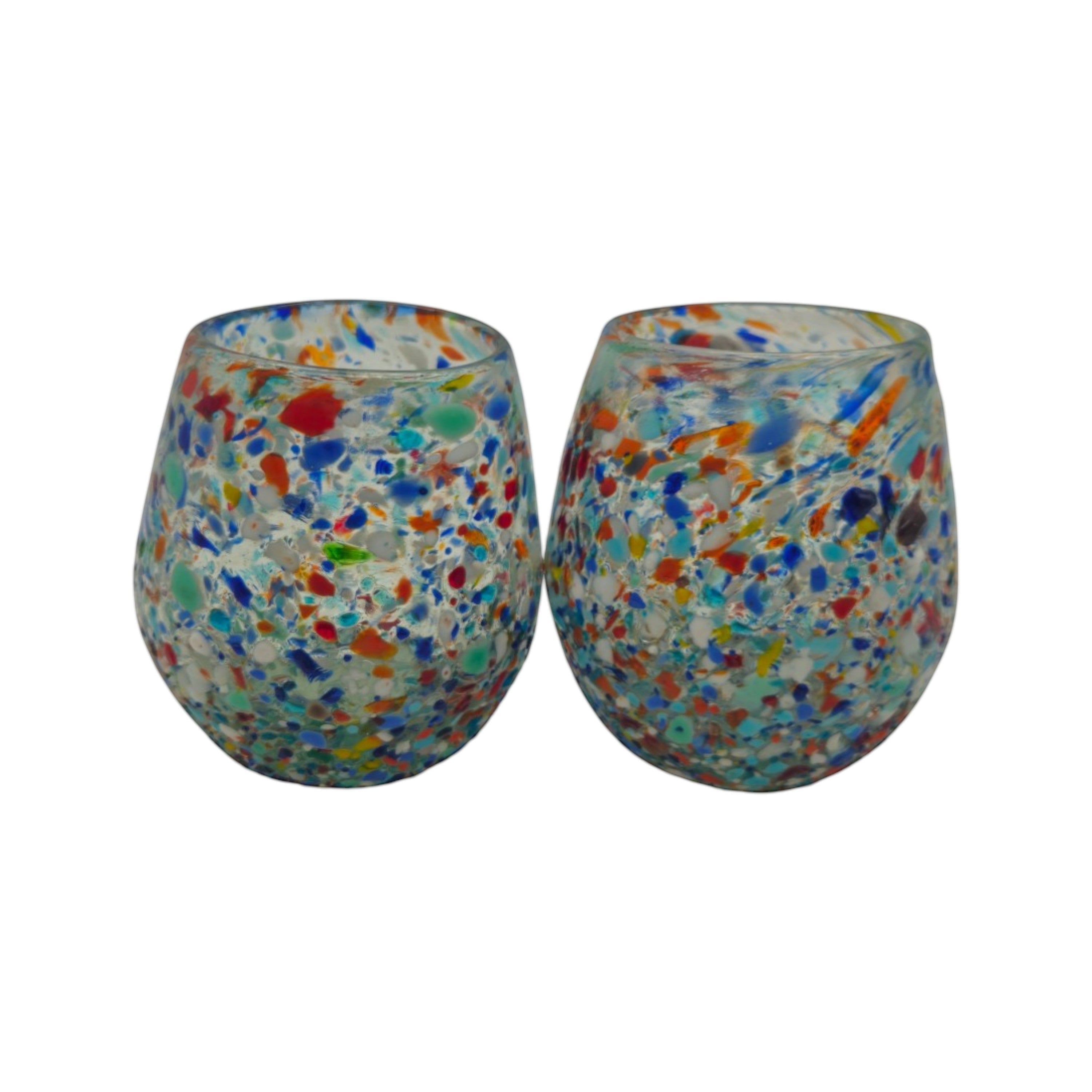 Handblown XL stemless Mexican wine glass with colorful confetti pebble pattern, designed by The Talavera Hub.